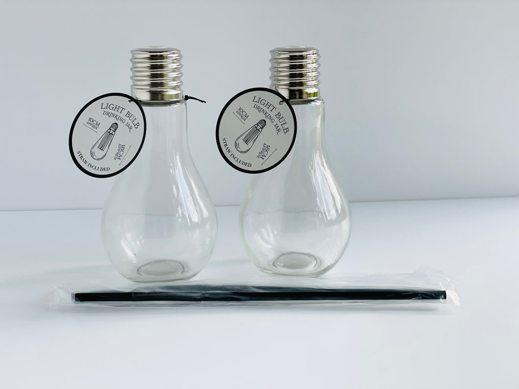 Large Glass Bulb Style Drinking Jar With Straw - Set of 2